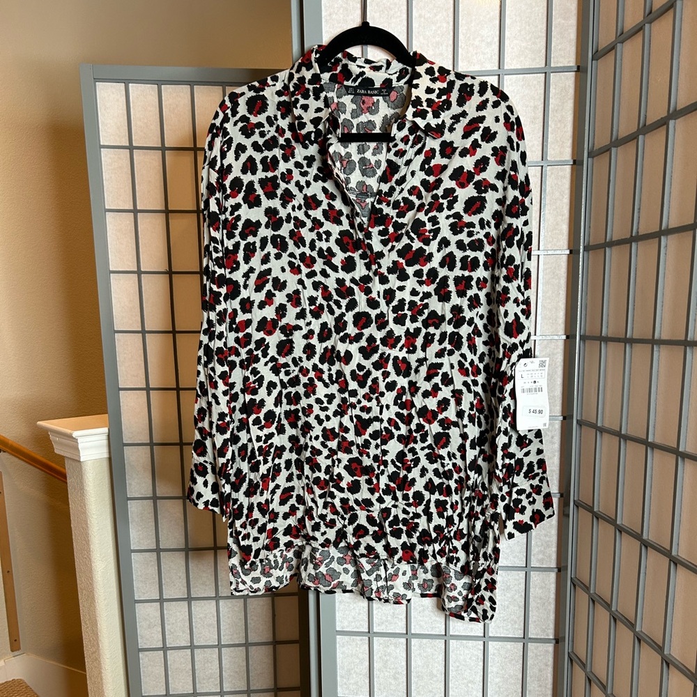 NWT Zara Black and Red Leopard Print Blouse